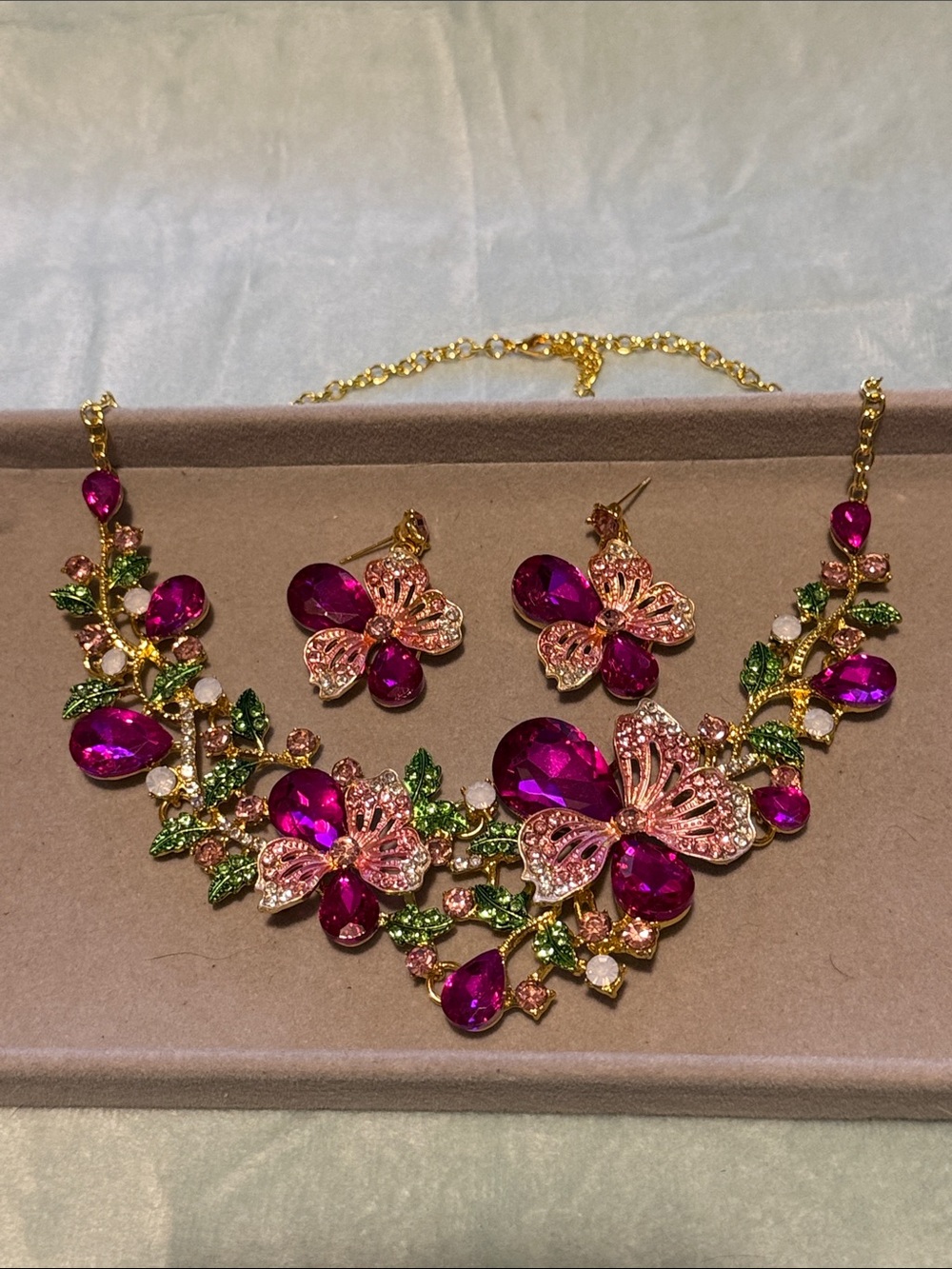Gold-Tone Butterfly Statement Necklace and Earrings Set - Fuchsia Pink Crystal